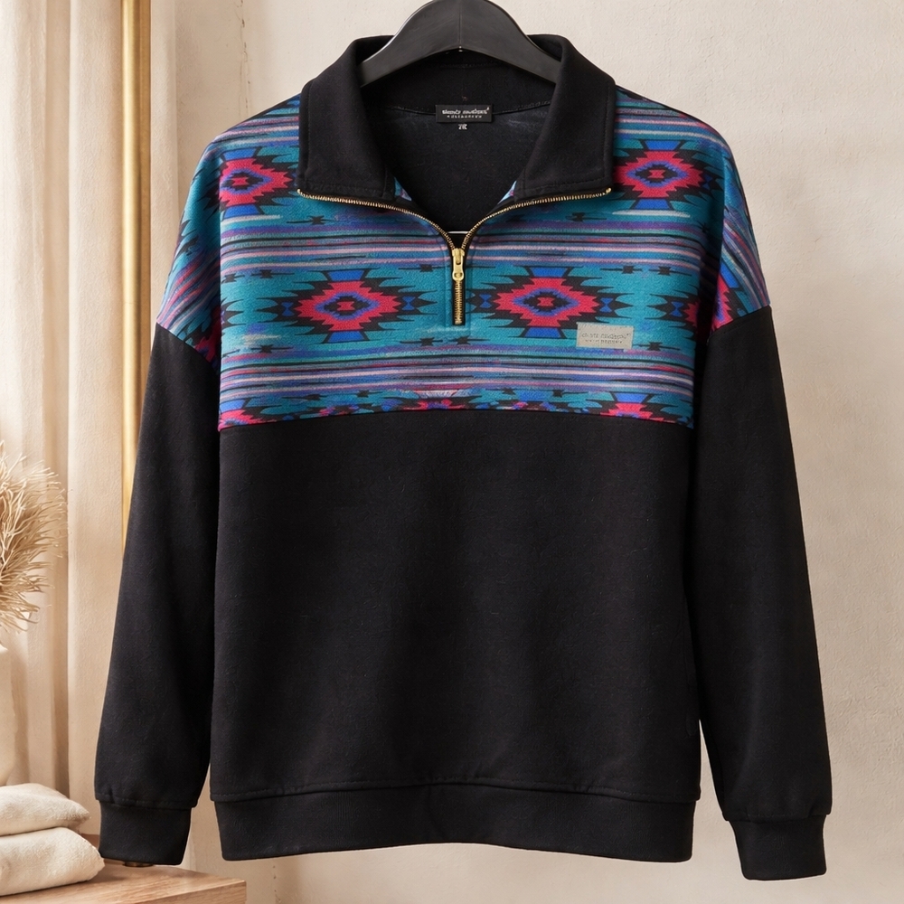 Simply Southern Black V-Neck Pullover with Teal & Magenta Aztec Panel